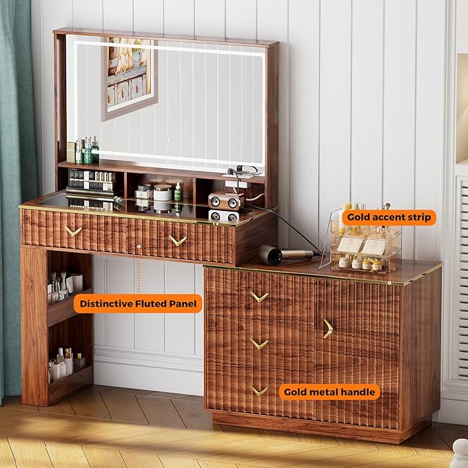 57“Makeup Vanity Desk with Mirror and Lights, Vanity Desk with 5 Drawers & Storage Shelves, Vanity Table with Power Outlet, 3 Color Modes & Adjustable Brightness Dressing Table, Bedroom,Brown