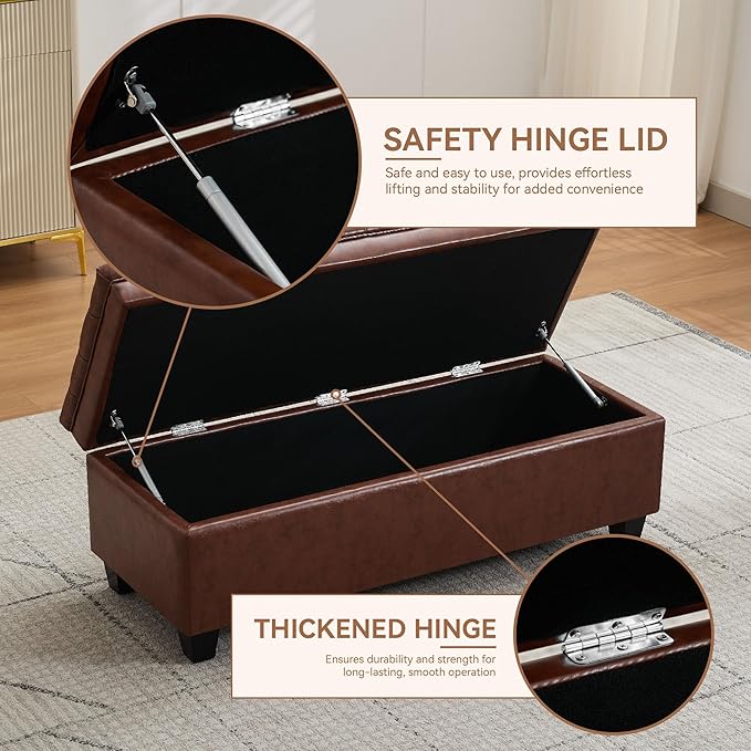 50" Faux Leather Storage Ottoman Bench, Upholstered Rectangle End of Bed Storage Ottoman Tufted Living Room Bedroom Bench with Safety Hinge, Solid Wood Legs, Loads 500 lb(Brown)