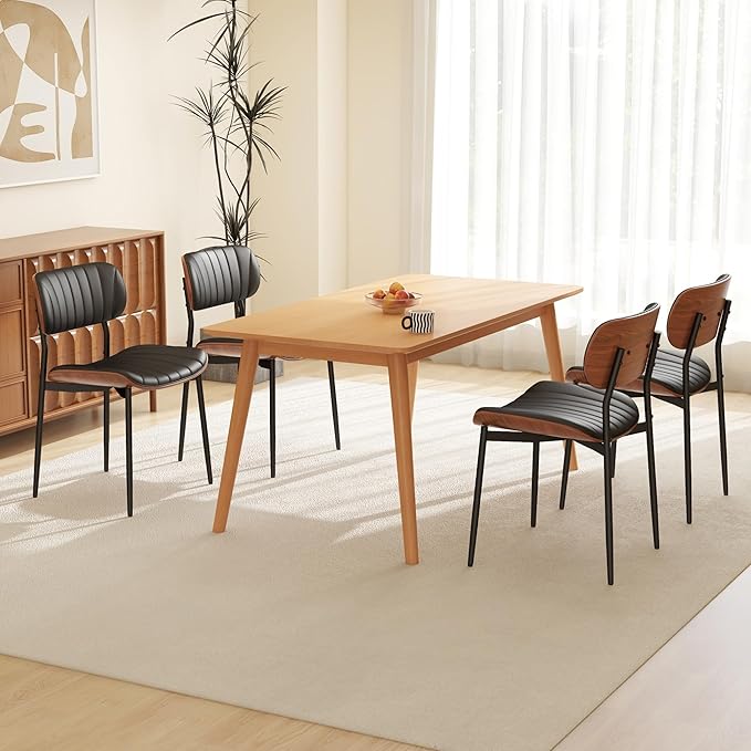 Modern PU Leather Dining Room Chairs Set of 4, Upholstered Kitchen Chairs with Walnut Bentwood Back and Metal Legs Adjustable Feet for Kitchen Dining Room(Balck)