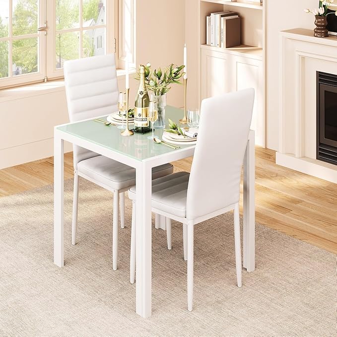 Gizoon 3 Piece Glass Dining Table Set, Kitchen and Chairs for 2, PU Leather Modern Room Sets for Home, Kitchen, Living Room