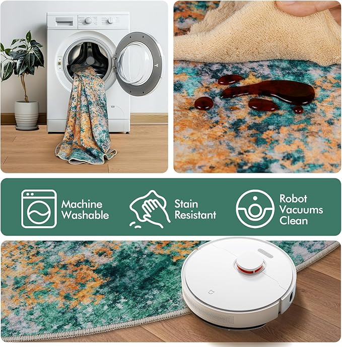 6ft Round Area Rug for Living Room- 6x6 Washable Neutral Abstract Rug for Bedroom Modern Soft Dining Room Rug No Slip Low Pile Carpet for Nursery Home Office Decor - Teal/Orange