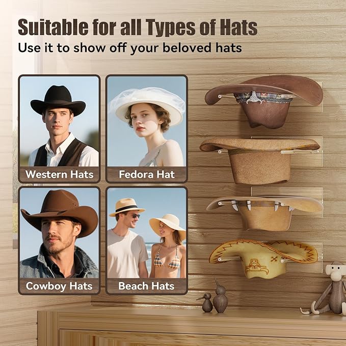 Cowboy Hat Rack for Wall: 4 Pack Acrylic Hat Holder Organizer - Western Rustic Wall Mounted Hat Hanger Stand for Cowboy Hat, Fedora, Sun Hats