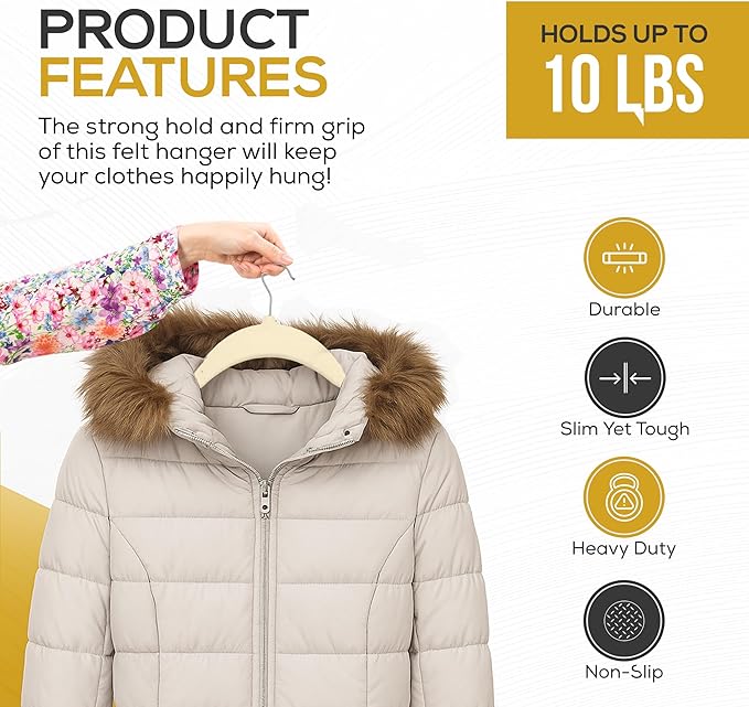 50 Pack New Premium Quality Velvet Hangers Ultra Thin Non Slip Adult Felt Space Saving Hangers for Closet Heavy Duty Coat Pants Jackets Dress Hangers 360° Swivel Hook Hold Upto 10 lbs Ivory