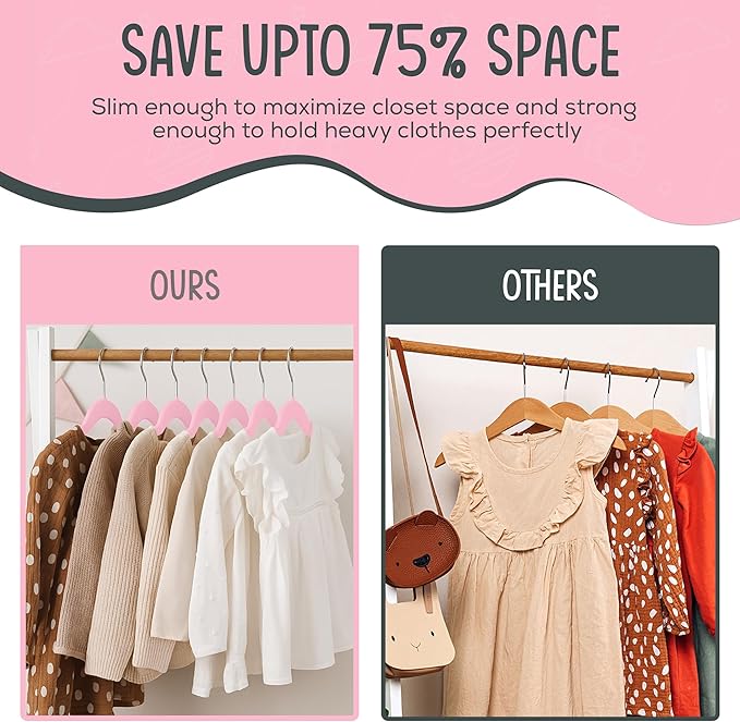 25 Premium Kids Velvet Hangers - 14" Non-Slip Clothes Hangers for Kids & Preteens - Ultra Slim, Space-Saving, Strong & Durable Hangers with 360° Swivel Hook - Pink