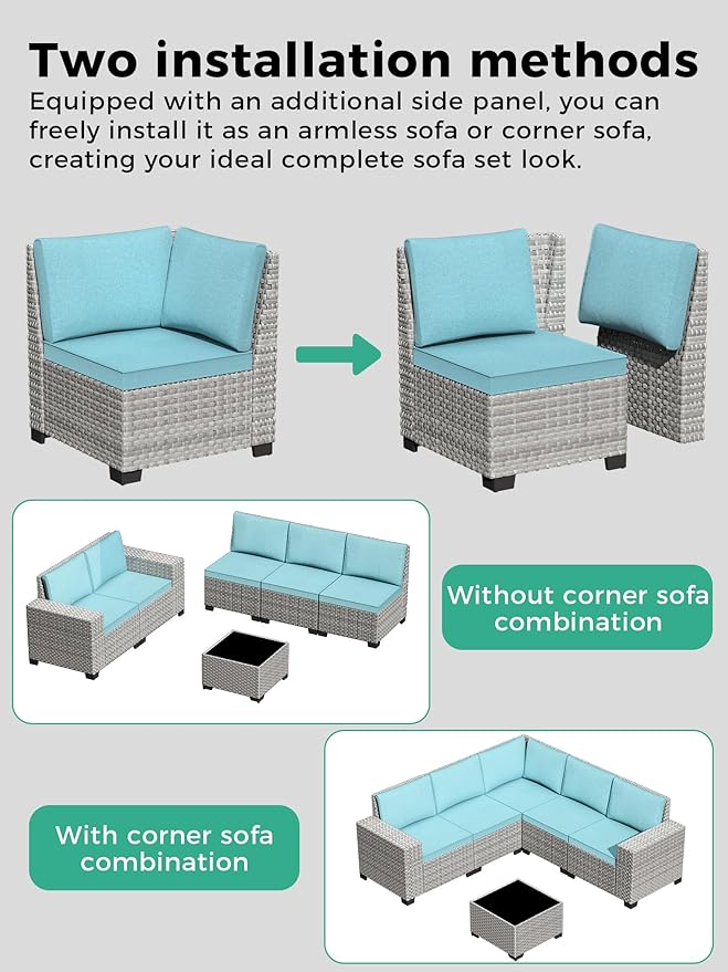 6 Piece Outdoor Wicker Rattan Sectional Sofa Set, 5-Seats Patio Furniture Conversation Set with 4" Thickened Cushions & Coffee Table, All-Weather PE Rattan for Garden, Backyard, Porch, Navy