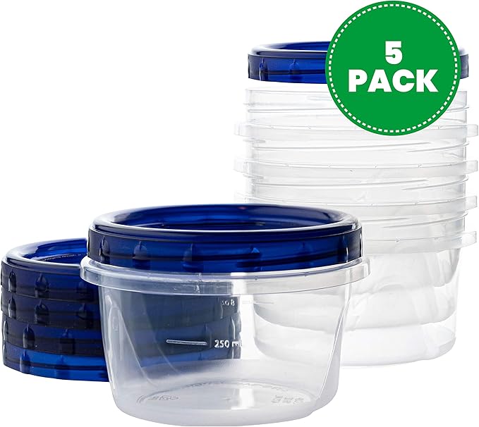 PLASTICPRO [16 oz 5 Pack] Deli Containers Clear bottom With blue Top Twist on Lids Reusable, Stackable, Food Storage Freezer Container