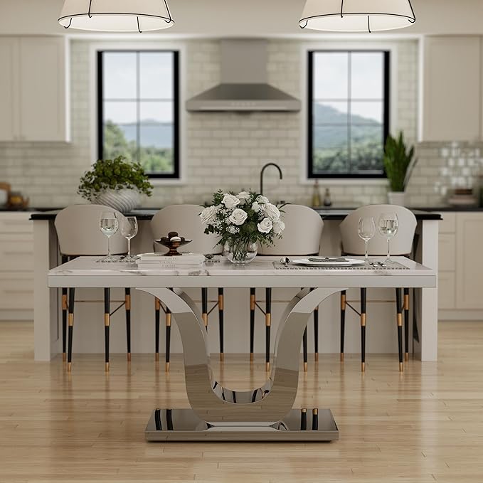 Modern Dining Room Table with Silver Stainless Steel Metal U-Base in White Silver