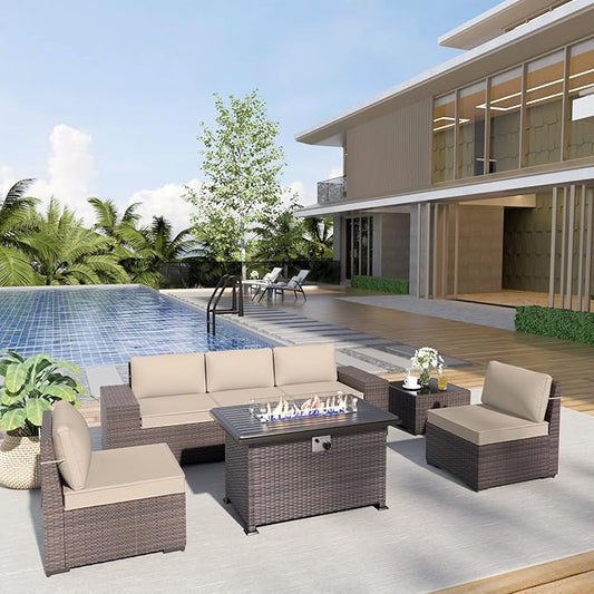 Kurapika 7 Pieces Patio Furniture Set, Rattan Wicker Outdoor Conversation Sets w/43in Propane Fire Pit Table and 4 Inch Cushion(Sand)