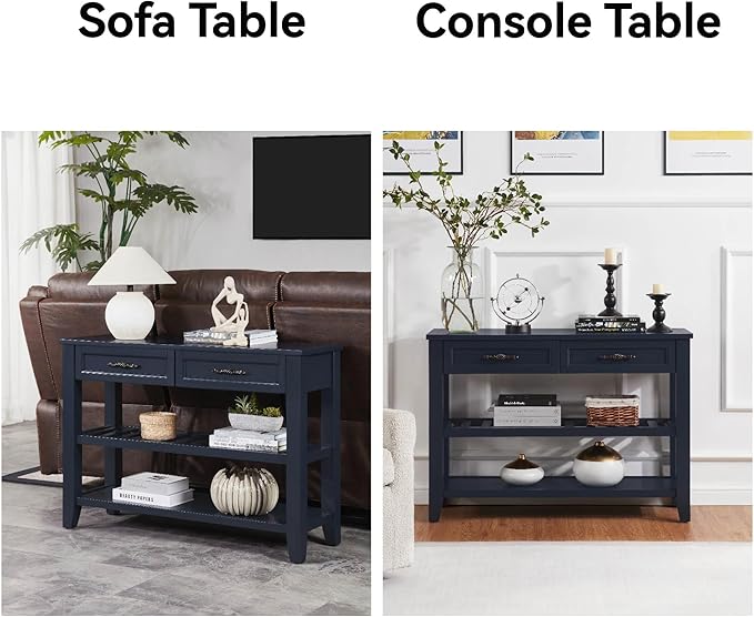 Retro Design Console Table with Two Open Shelves, Pine Solid Wood Frame and Legs for Living Room