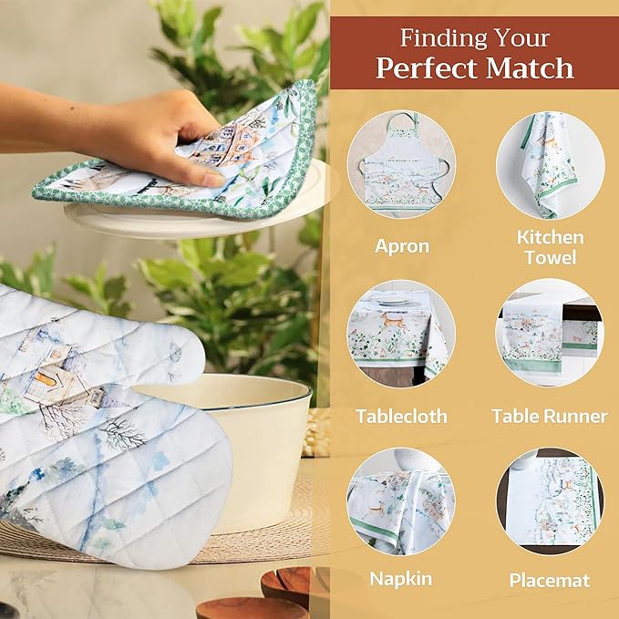 Maison d' Hermine 100% Cotton Oven Mitt & Pot Holder Set (7.5"x13" & 8"x8") Heat Resistant BBQ Cooking Gloves with Loop for Thanksgiving Christmas Decorations Handling Hot Pans (Snowy World)