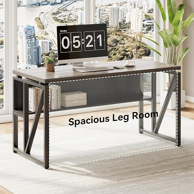 LITTLE TREE 55" Executive Computer Desk and Lateral File Cabinet, L-Shaped Office Desk for Home Office, Furniture Set, Grey