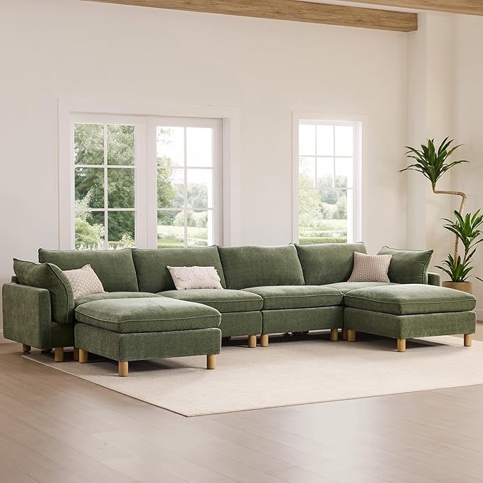 CHITA 127" Super Large Sectional Couches for Living Room, Modular Cloud Couch Sectional Sofa, Premium Fabric Couches, Down Filled, High Density Foam, Chenille in Green, 3 Seater