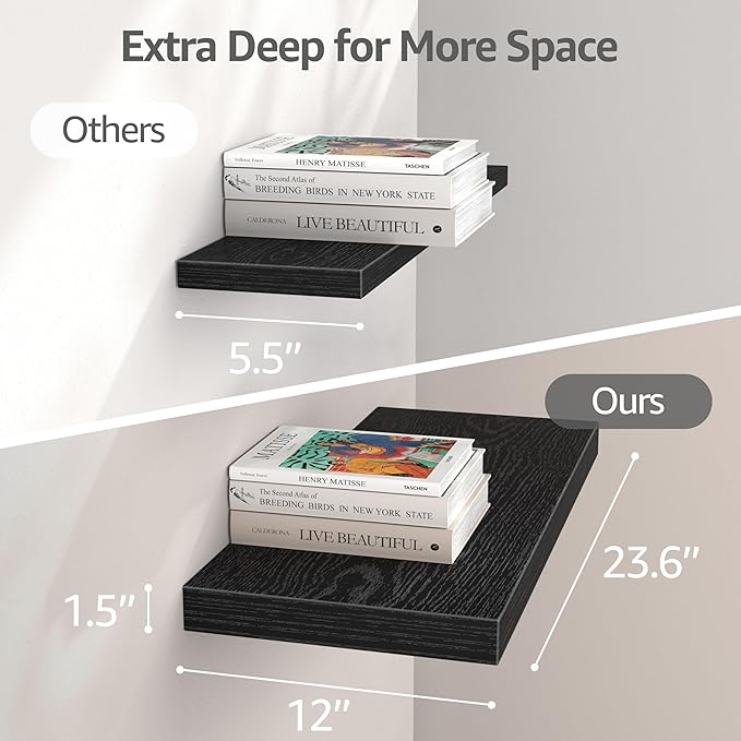 QEEIG 12" Deep Floating Shelves for Wall - 12 x 24 inch Book Shelf Bathroom Bedroom Kitchen Living Room Hanging Bookshelf Farmhouse Set of 3, Black (026-60B3)