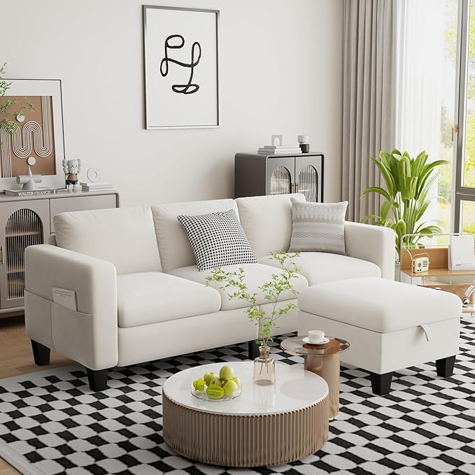Sectional Sofa Couches for Living Room - 78''Convertible Modular Three-Seater L-Shaped Pet-Friendly Couch,Washable Sofa Cover-Bench Storage, Suitable for Small Living Room, Apartment,Office-White