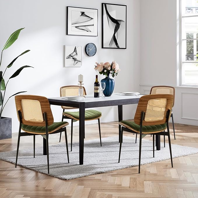 LUNLING Dining Chairs Set of 2 Mid Century Modern Retro Green Velvet Kitchen Chairs with Walnut Bentwood Upholstered Seat Metal Legs Adjustable Foot for Kitchen Dining Room Chairs(Green Fabric)