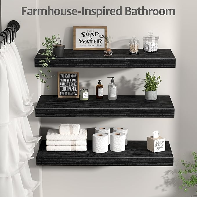 QEEIG 10" Deep Floating Shelves for Wall - 10 x 24 inch Book Shelf Bathroom Bedroom Kitchen Living Room Hanging Bookshelf Farmhouse Set of 3, Black (025-60B3)