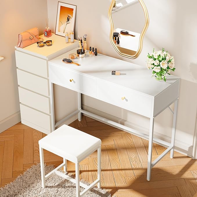SUPERJARE 43-inch White Desk with 2 Drawers and Padded Stool, Modern Makeup Vanity & Computer Desk with Storage for Home Office, Bedroom Study
