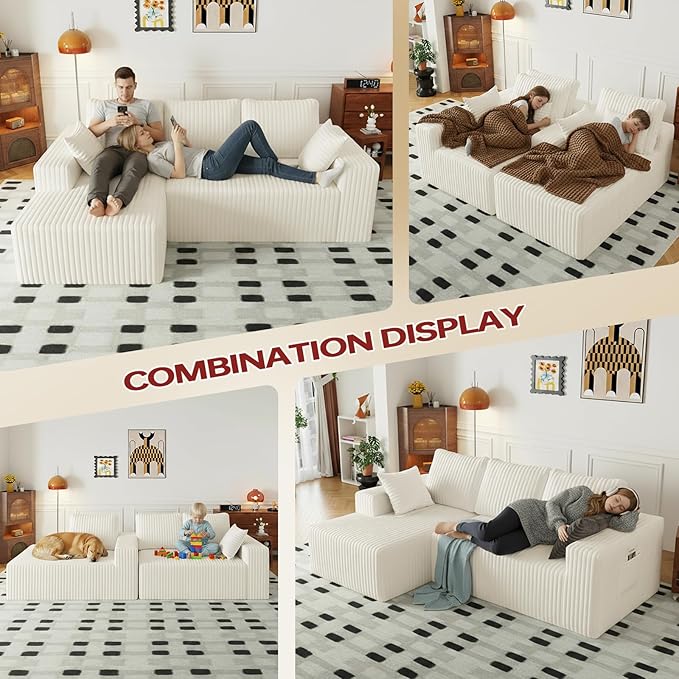 94" Cloud Sectional Couch with L-Shape Chaise,4 Seat Modern Modular Sofa with Side Pockets,Upholstered Couches for Living Room Bedroom, Boneless Couch,No Assembly Required