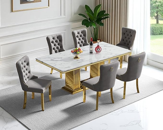 68" Faux Marble Dining Table Set for 6, 7-Piece Dining Set with White Gold Kitchen Table and 6 Velvet Tufted Chairs, Modern Rectangular Dining Room Tables with Column-Shape Stainless Steel Base