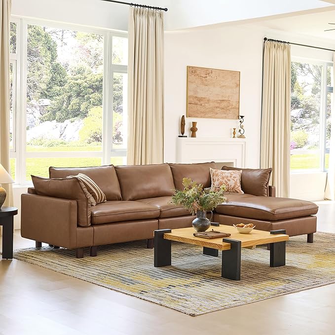 CHITA 92" Super Large Sectional Couches for Living Room, Modular Cloud Couch Sectional Sofa, Premium Genuine Leather Sofa, Down Filled, High Density Foam, Real Leather in Saddle, 2 Seater Loveseat