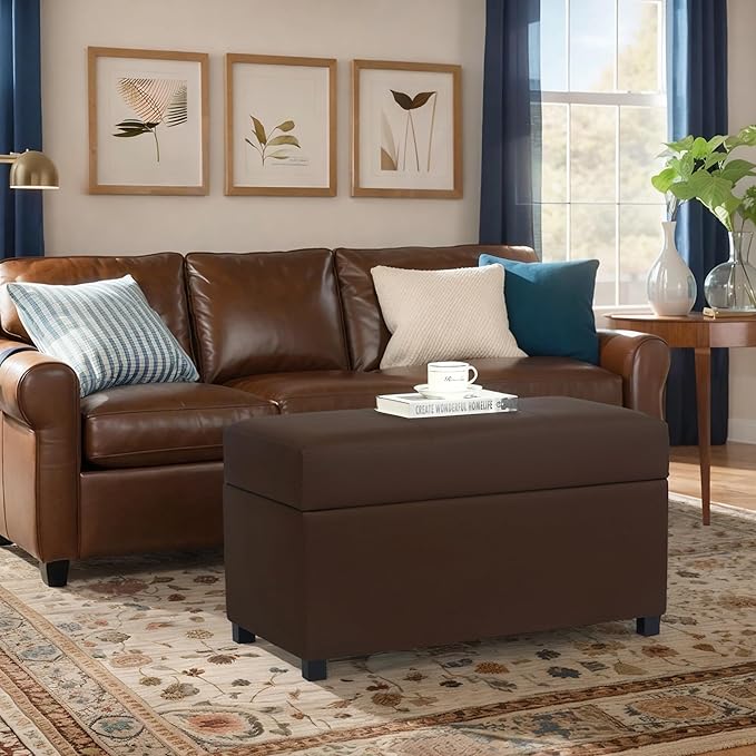 Joveco 32" Leather Storage Ottoman Bench, Rectangle Foot Rest Stool for Living Room, Bedroom, Entryway, Brown