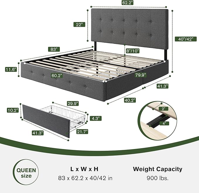 MUTICOR Queen Size Bed Frame with 4 Storage Drawers, Upholstered Platform Bed with Button Tufted Adjustable Headboard, No Box Spring Needed, Easy Assembly, Square Tufted, Dark Grey Fabric