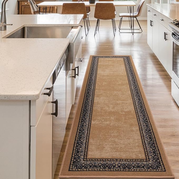 Antep Rugs Alfombras Bordered Modern 2x7 Non-Slip (Non-Skid) Low Pile Rubber Backing Indoor Area Runner Rug (Gold Brown, 2' x 7')