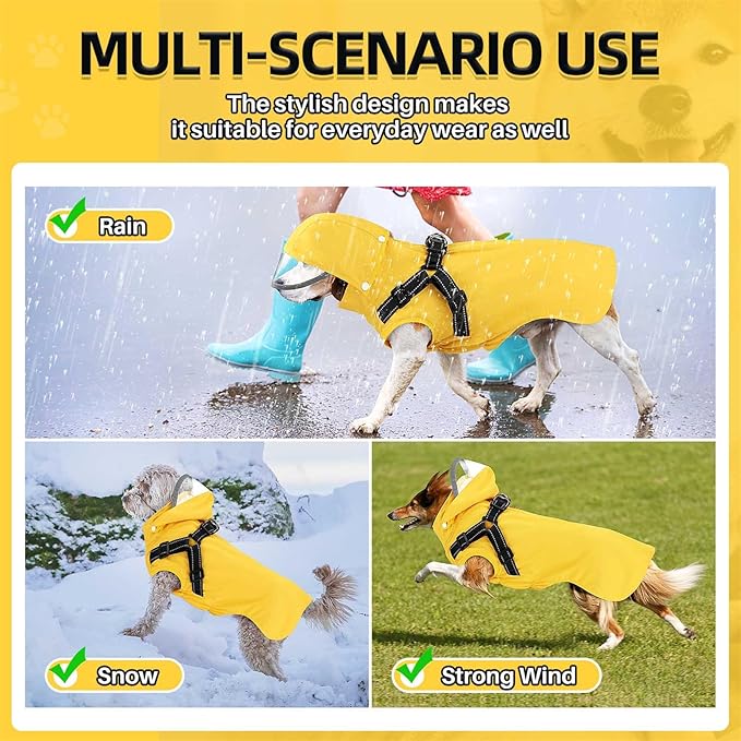 SlowTon Dog Raincoat Waterproof - Dog Rain Jacket with Harness and Hood Lightweight, Reflective Dogs Rain Coat for Large Medium Small Dogs Girl Boy Puppy Poncho Pet Clothes (Yellow, 2XL)