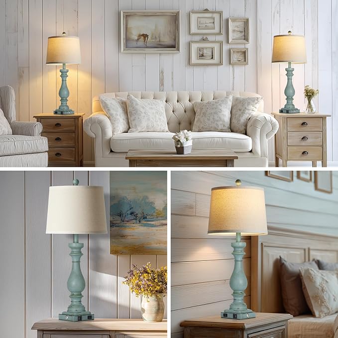 29" Tall Coastal Table Lamps Set of 2,Retro Blue Bedside Lamps with USB C+A Ports & AC Outlet,3-Way Dimmable Touch Lamp for Night Stands Living Room Bedroom,Blue