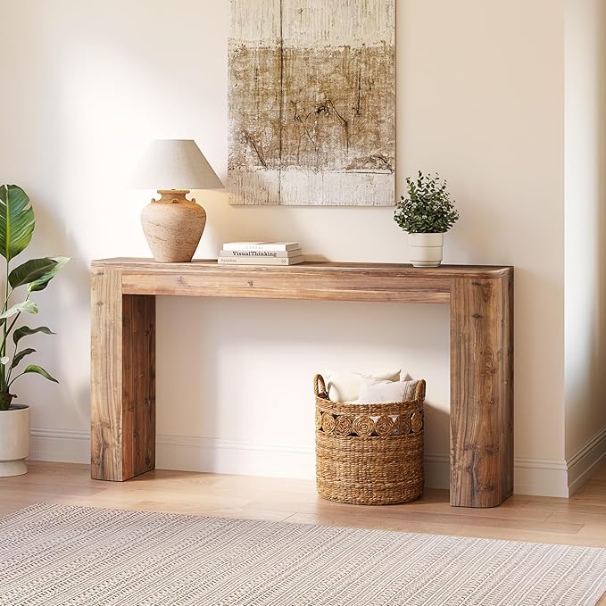 Solid Wood Console Table, 63-Inch Farmhouse Entryway Sofa Table Behind Couch for Living Room Hallway, Foyer