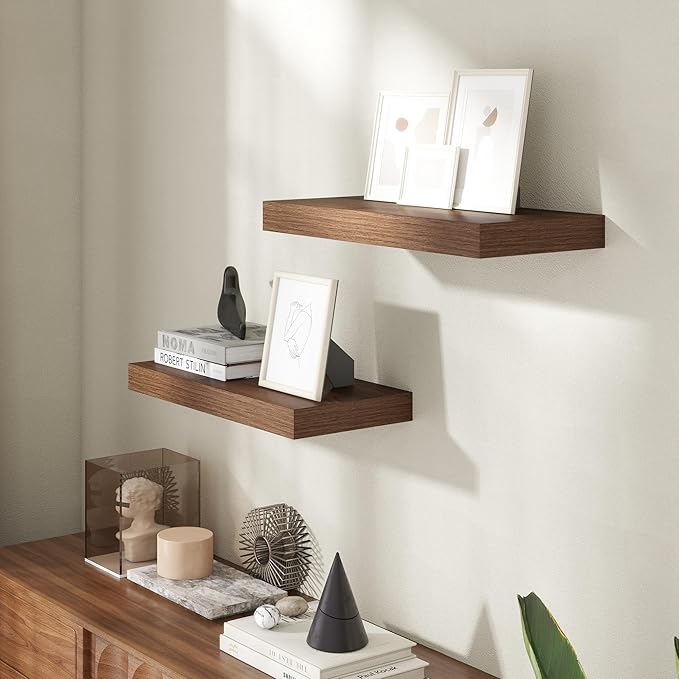 20 Inch Floating Shelves for Wall, 8 Inch Deep Floating Shelf for Storage & Display, Rustic Wall Mounted Shelf with Invisible Brackets for Living Room, Kitchen, Bathroom, Home Decor, Set of 2, Walnut