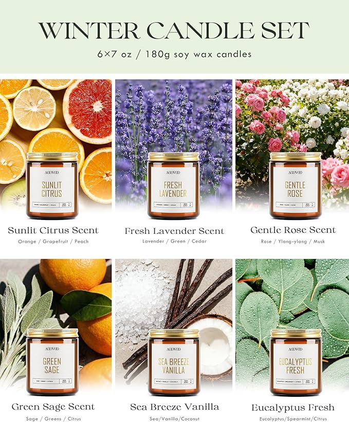 AOOVOO Candles Set - 6PC Scented Candles, Soy Candle, Aromatherapy Candle, Soy Wax Candle, Candle for Home Scented, Lavender/Vanilla/Eucalyptus/Sage/Citrus/Rose