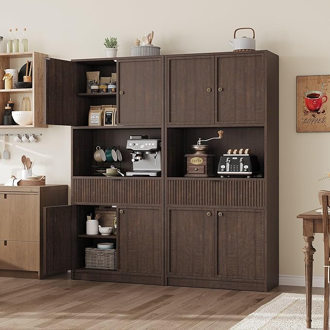 IDEALHOUSE Tall Storage Cabinet, 70" Kitchen Pantry Cabinet with Doors, Fluted Kitchen Hutch Cupboard with Microwave Shelf & Drawer, Freestanding Cupboard for Dining Room, Living Room, Brownish Red