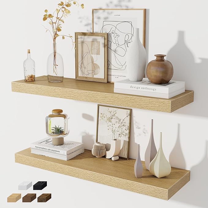 Fun Memories Floating Shelves for Wall, 32W x 8D Floating Wall Shelves with Invisible Brackets Set of 2, Hanging Rustic Wood Shelf Decoration for Bedroom, Bathroom, Living Room and Kitchen, Oak