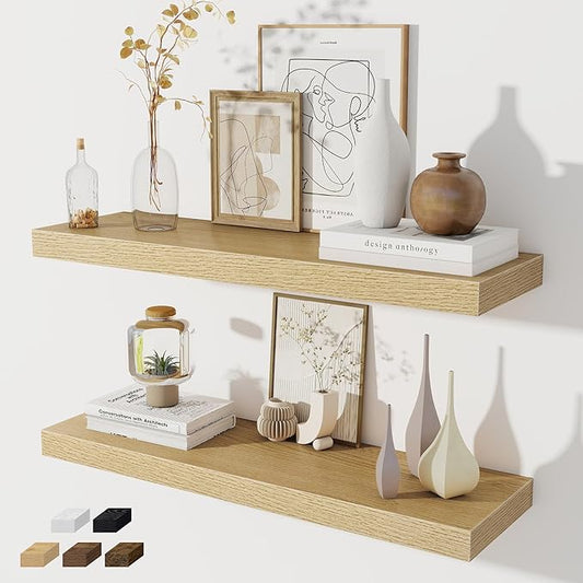 Fun Memories Floating Shelves for Wall, 32W x 8D Floating Wall Shelves with Invisible Brackets Set of 2, Hanging Rustic Wood Shelf Decoration for Bedroom, Bathroom, Living Room and Kitchen, Oak