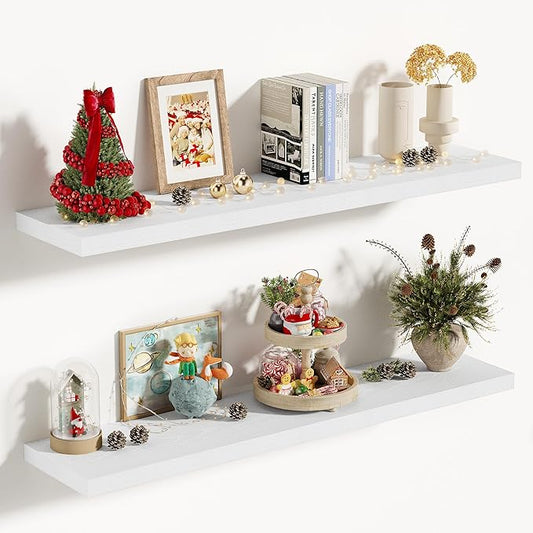 Vivelove 10 in Deep Floating Shelves for Wall, 36" x 10.2" x 1.5" Shelves for Room Wall Mounted, 1.5 Inch Thick Shelf for Bathroom Bedroom Kitchen Book Room, Modern Farmhouse Decor, Set of 2, White