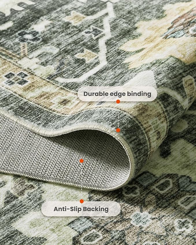 AMADA HOMEFURNISHING 8x10 Washable Area Rug, Low-Profile Large Area Rug with Non-Slip Backing & Durable Edge Binding, Vintage Large Rugs for Living Room, Bedroom, Dinning Room