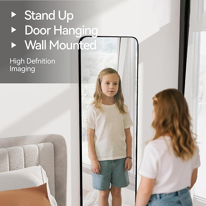 57x20 Door Hanging Full Length Mirror, Floor (Height 5.7ft just Body in 1.3ft) or Wall Mounted Metal Frame Rectangle Dressing Mirrors for Bedroom Bathroom Living Room 57 inch Black