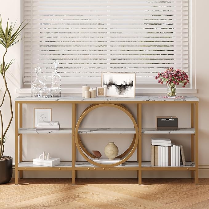 66.9-Inch Sofa Tables Narrow Long, 3 Tier Extra Tall Console Table Industrial Behind Couch Table Gold Large Console Tables for Living Room, Entryway, Hallway (White+Champagne Gold)