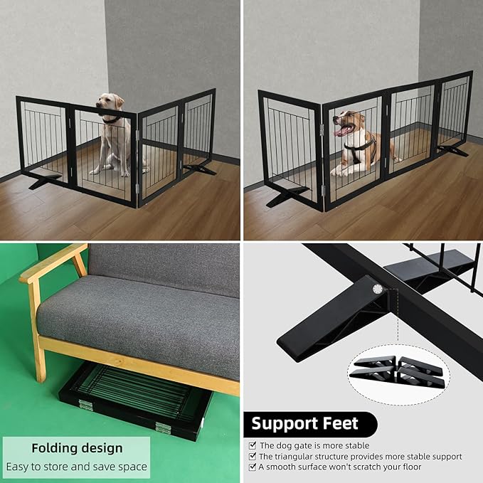 ZJSF Freestanding Dog Gate Indoor, Foldable Dog Fence for Doorways,Hallways or Stairs, Sturdy Wood Extra Wide Pet Gate with Support Feet,Black,32 "Height-4 Panels