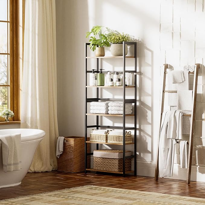 5-Tier Bookshelf, Industrial Bookcase with Bamboo Frame, Modern Display Standing Shelf Unit, Tall Wood Storage Organizer for Living Room, Home Office, Rustic Brown