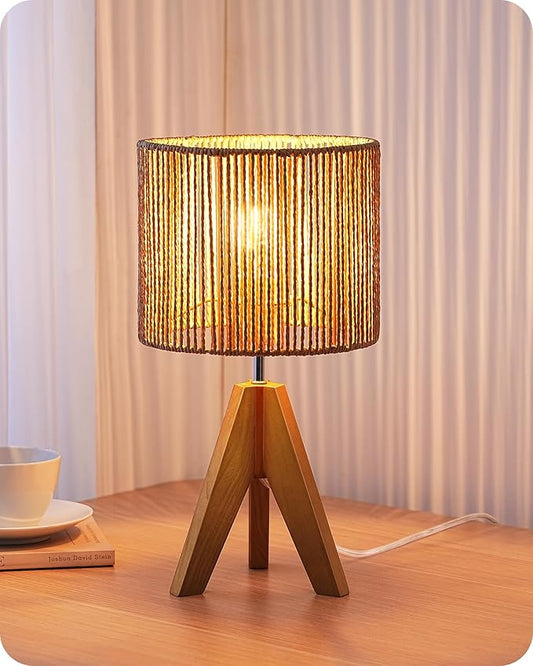 EDISHINE Small Rattan Table Lamp, Wood Tripod Bedside Lamp, Boho Nightstand Lamp for Living Room, End Table, Office, E26 Base, Natural Style