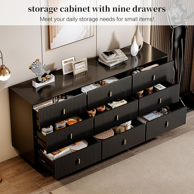 Modern Chest of Drawers with 9 Drawers,Deep Drawers,Clothes Organizer,Large Storage Cabinet for Living Room, Bedroom,Hallway,with Anti-Tipping Device,Matte Black