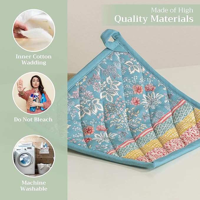 Maison d' Hermine Pot Holders 100% Cotton Heat Resistant Potholders 8" x 8" Hot Pads with Loop BBQ, Cooking, Baking, Grilling, Kitchen, Handling Hot Pans Spring/Summer (Pack of 1, Marquise)