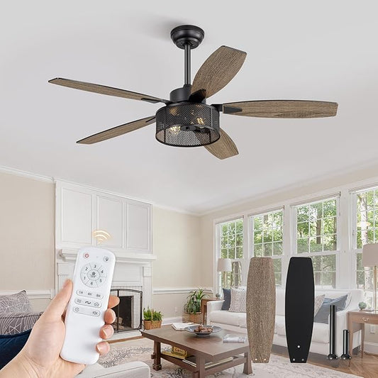 52 Inch Farmhouse Ceiling Fan with Light and Remote, Black Industrial Caged Ceiling Fans Flush Mount, 5 Dual Finish Blades, 6-Speed Reversible Quiet DC Motor, Rustic Design for Bedroom, Living Room