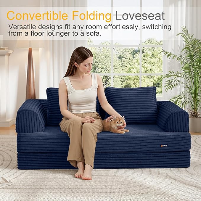 COMAX Convertible Sofa Bed, Folding Floor Couch Corduroy Fold Out Couch Bed Futon Sleeper Mattress with Pillows, Boneless Sofa Comfy Lounge Loveseat for Living Room Bedroom, Plush Navy