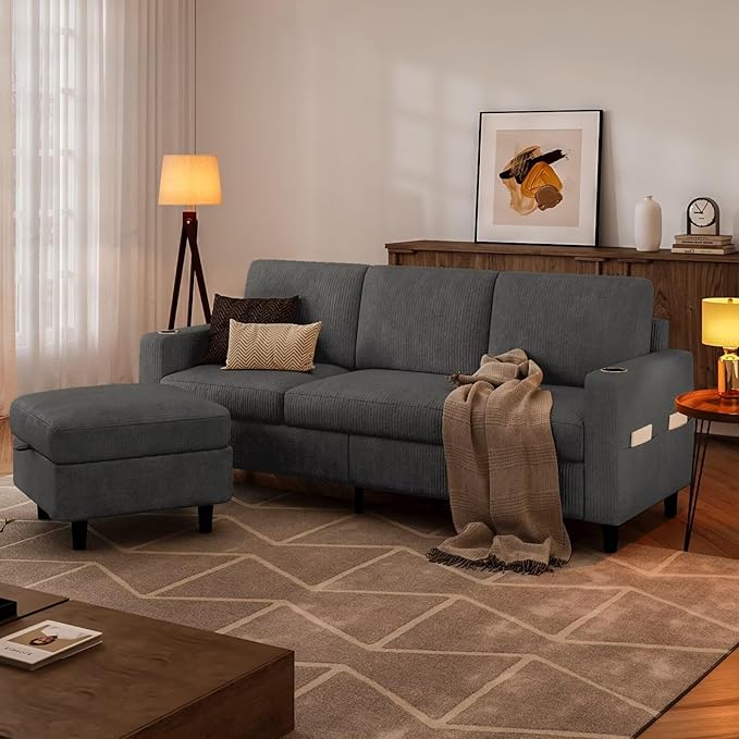 Sectional Couches for Living Room, L Shaped Couch with 2 Cup Holders, Small Sofa Corduroy Couch with Storage Ottoman, Modern 3 Seater Convertible Sofa for Apartment, Office, Dark Grey