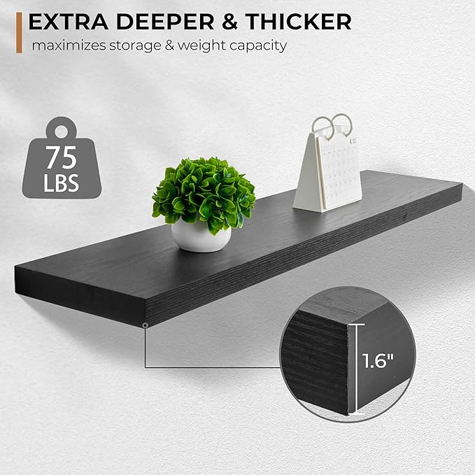 Fun Memories Floating Shelves - 9.3 Inch Deep Wall Shelf for Decor & Storage - Wall Mounted Display Shelving with Invisible Heavy-Duty Metal Bracket - 48" W x 9.3" D x 1.5" H - Set of 1 - Rustic Black