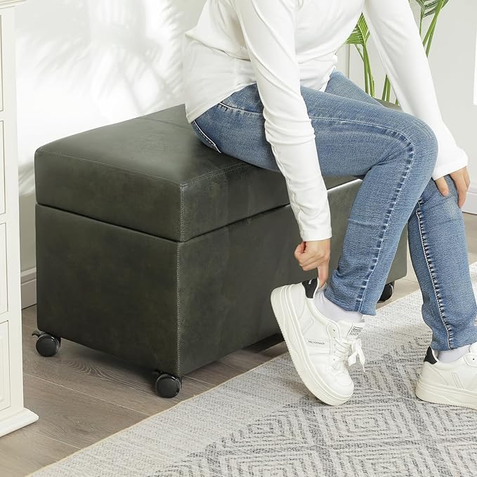 Joveco 32" Faux Suede Storage Ottoman Bench with Wheel, Rectangle Foot Rest Stool for Living Room, Bedroom, Entryway,Moss Green