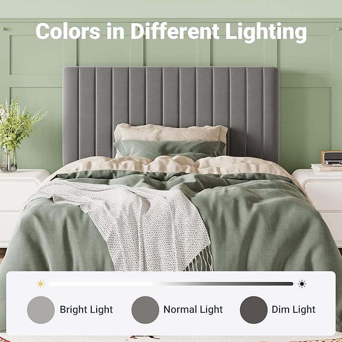 Allewie Twin Bed Frame, Velvet Upholstered Platform Bed with Adjustable Vertical Channel Tufted Headboard, Mattress Foundation with Strong Wooden Slats, Box Spring Optional, Easy Assembly, Grey